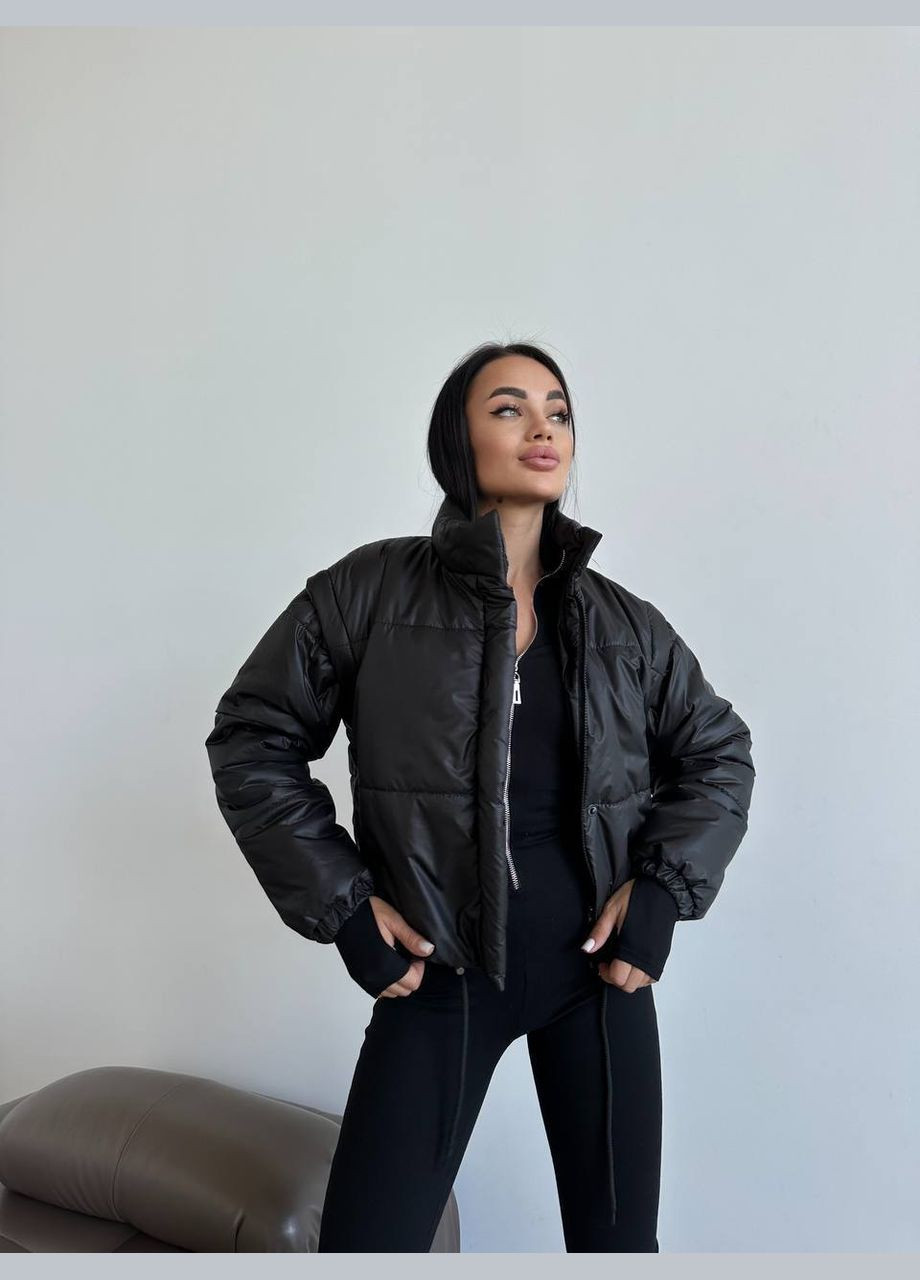 Чорна демісезонна шикарна чорна куртка-жилетка з плащової тканини з наповнювачем: силікон 200+підкладка, куртка на блискавці-кнопках з коміром No Brand 810