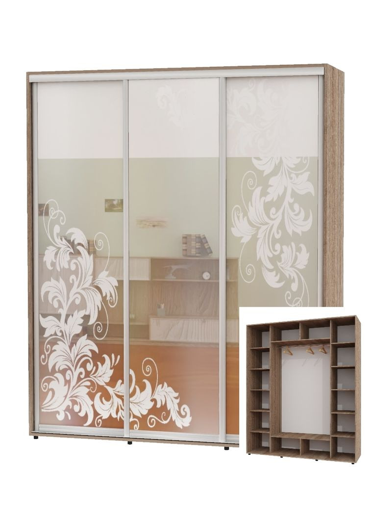 Шафа-купе тридверна 210*60*220 Дуб Сонома трюфель Дзеркало з піскострумним малюнком ШК-05 Алекса (360476773)