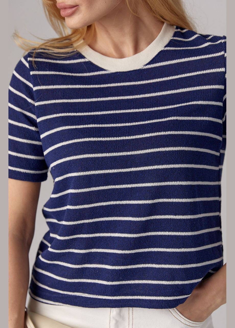 Синяя летняя вязаная женская футболка в полоску Lurex