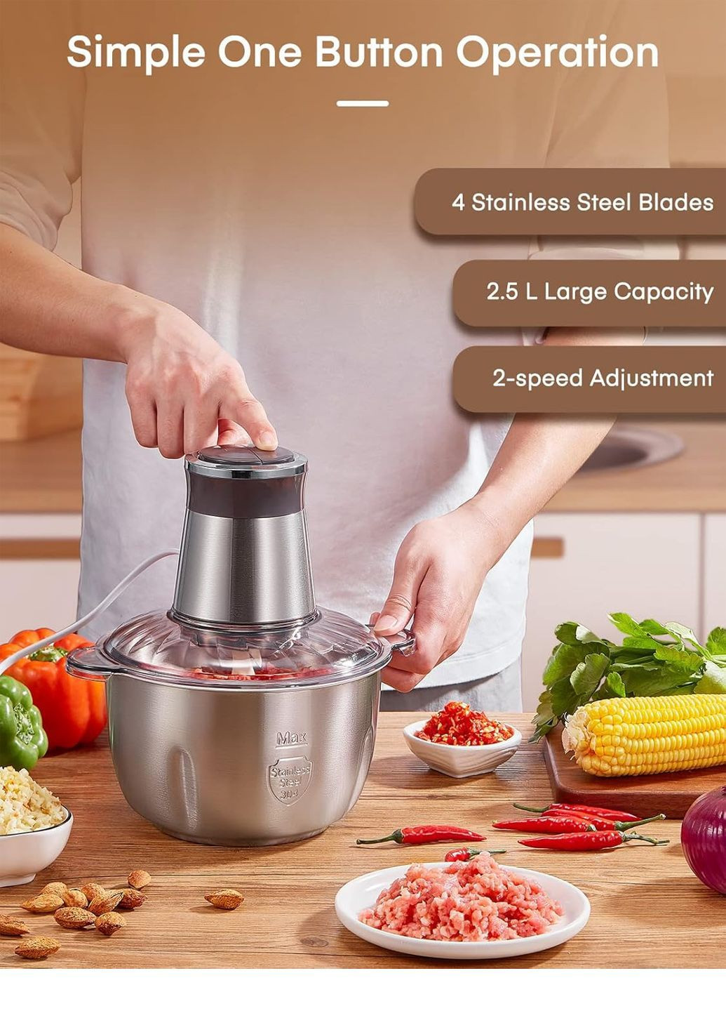 Електричний чопер із сталевою чашою 2,5 л комбінований FOHERE Amazon (371006558)