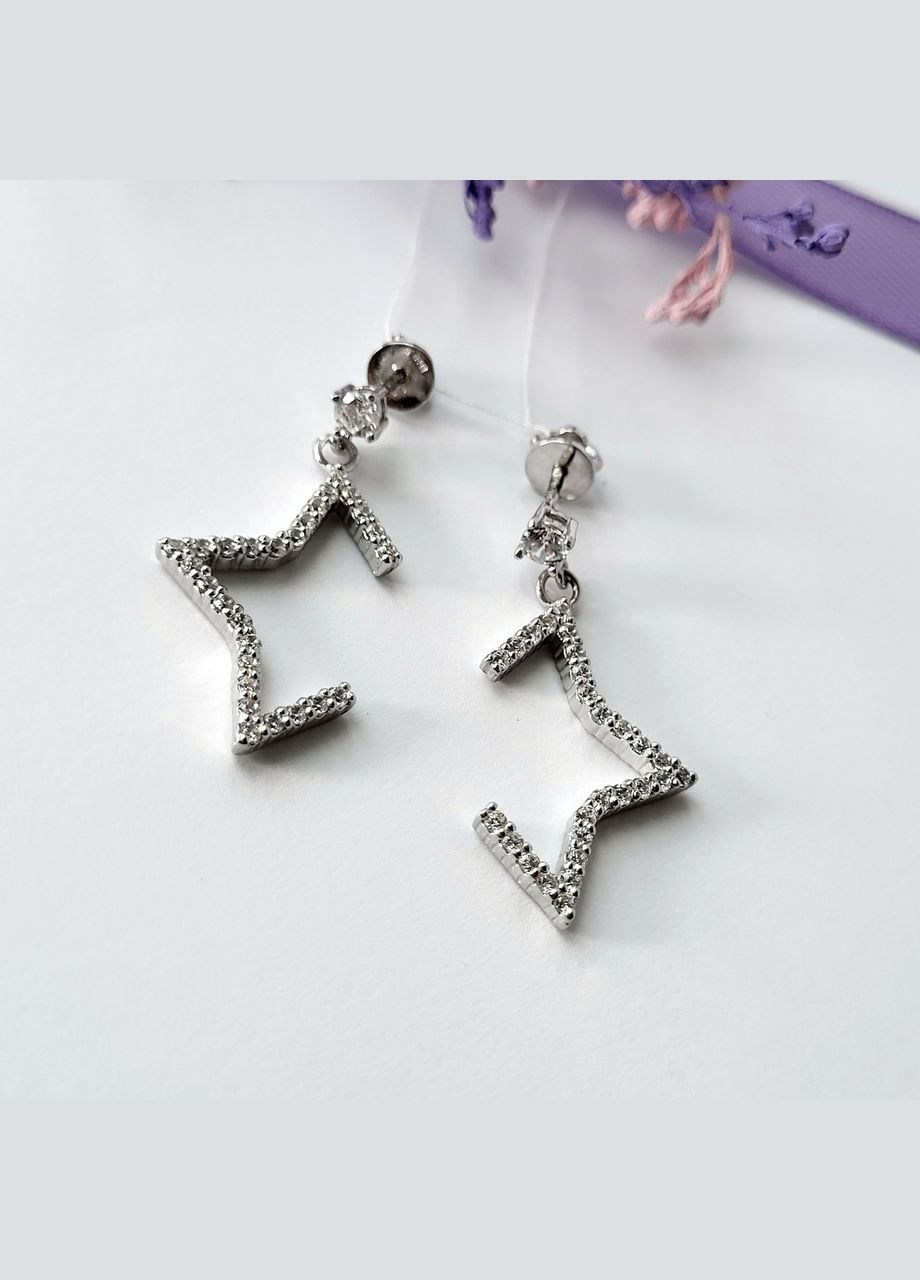 Срібні Сережки гвоздики на закрутках Зірки з білими каменями срібло 925 проби Родоване 54073р 4.00г No Brand (306743339)