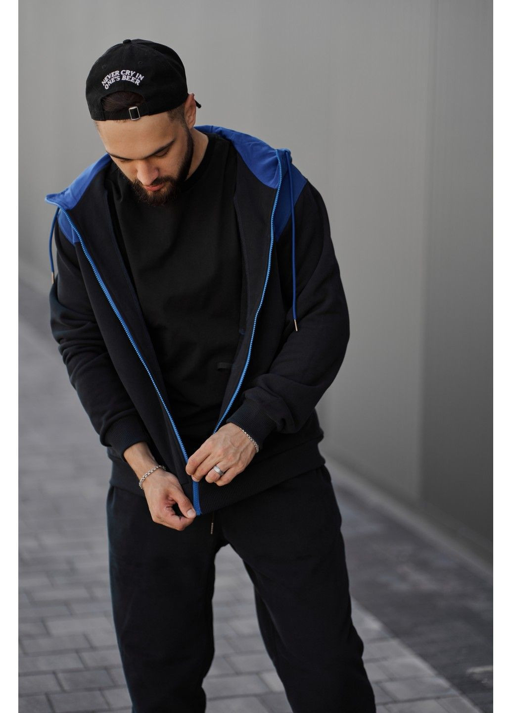 Спортивный костюм мужской ТРОЙКА весна осень HW CLUB с кофтой на замке синий + футболка черная Handy Wear (293510735)