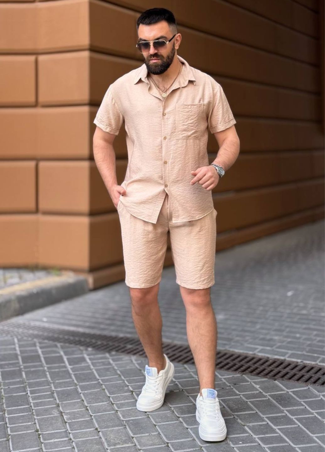 Бежевий літній базовий повсякденний легкий літній костюм двійка: сорочка + шорти з шортами Tik-Tak