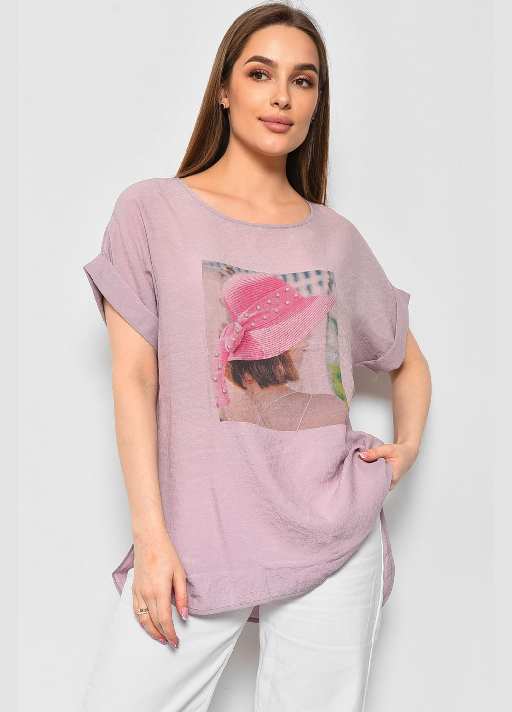 Сиреневая летняя футболка женская полубатальная сиреневого цвета Let's Shop