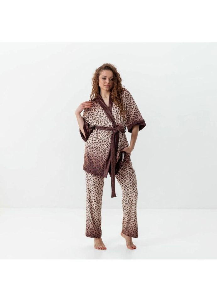 Комбінована всесезон комплект жіночий з плюшевого велюру штани та халат леопард 3446_xl 16070 xl FlexDress