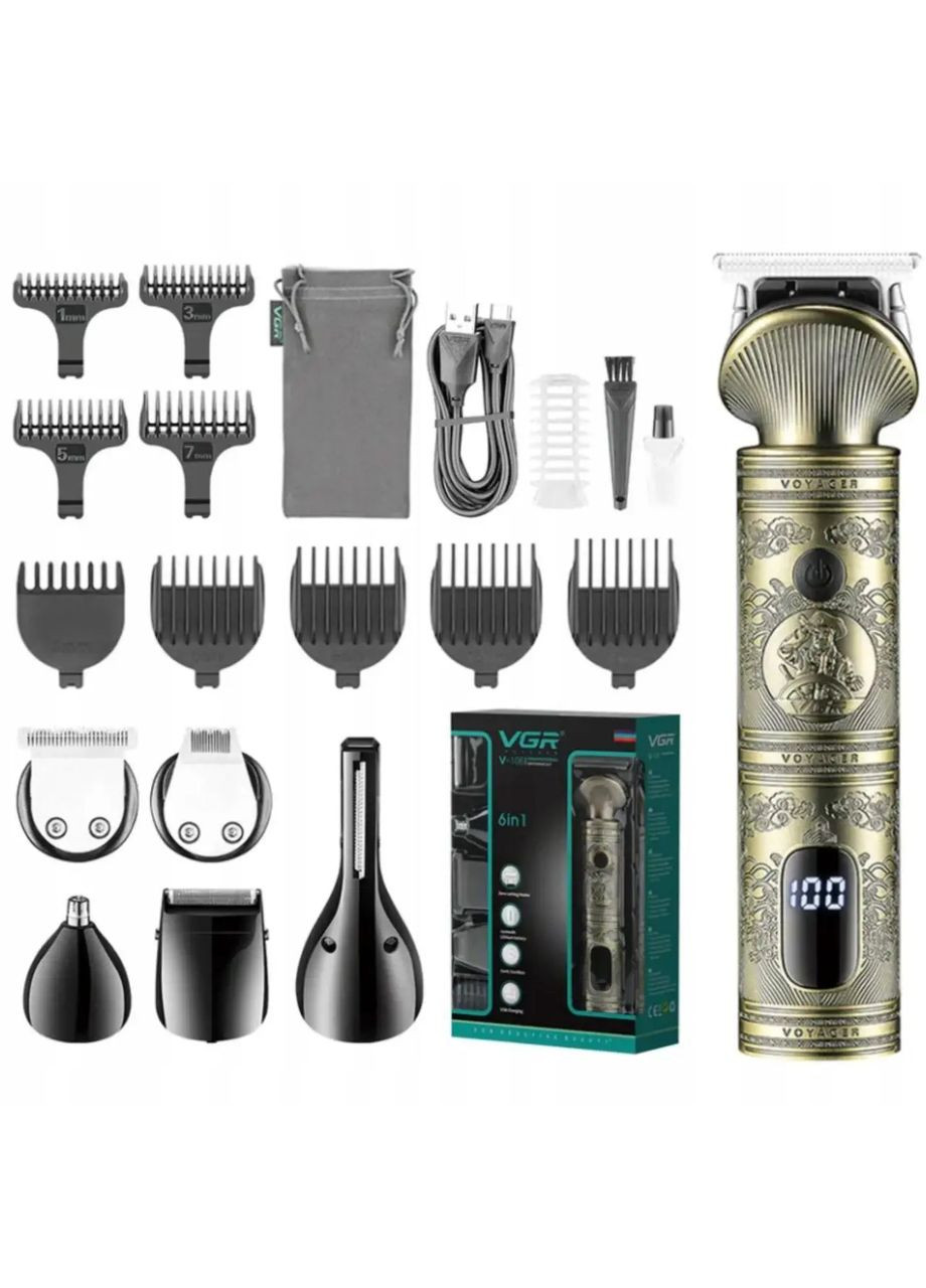Професійний набір для стрижки волосся та бороди 6 в 1 аккамуляторна машинка з LED дисплеєм V-106 Bronze VGR (351485686)