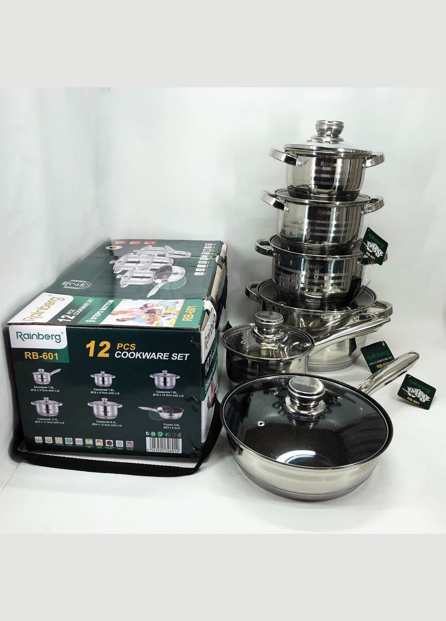 Набір посуду RB-601 (12 предметів) з нержавіючої сталі, каструлі з нержавіючої сталі Rainberg (364664932)
