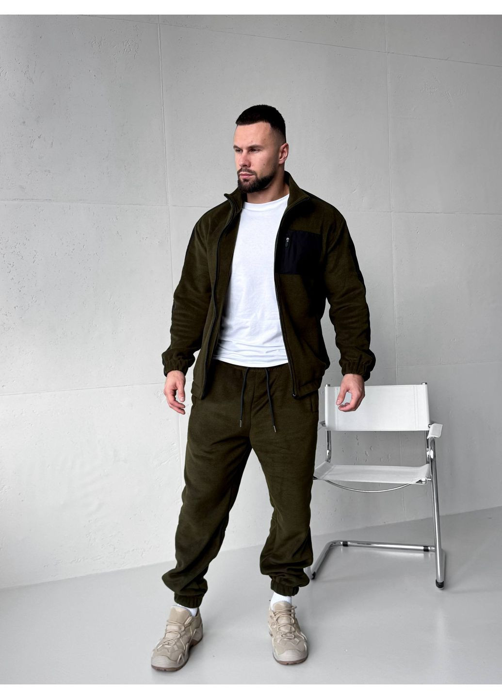 Оливковий (хакі) зимній зимовий чоловічий костюм з флісу брючний Vakko