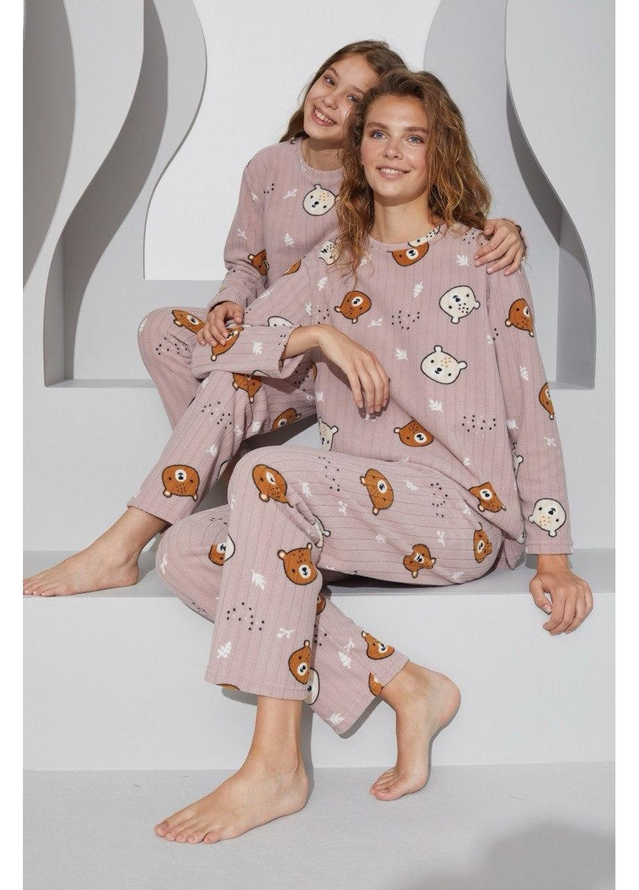 Бежевая зимняя женская теплая пижама из флиса полар мишки кофта + брюки Leyla