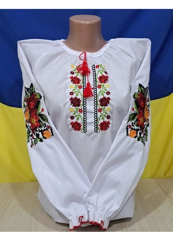 Біла вишиванка з довгим рукавом для дівчаток візерунок квітковий (373313387)