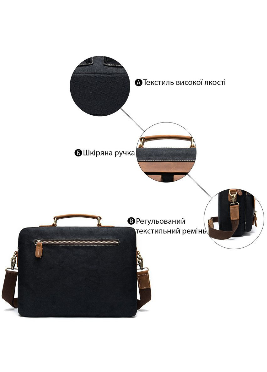 Сумка-портфель мужская текстильная с кожаными вставками 20002 Черная Vintage (329147843)