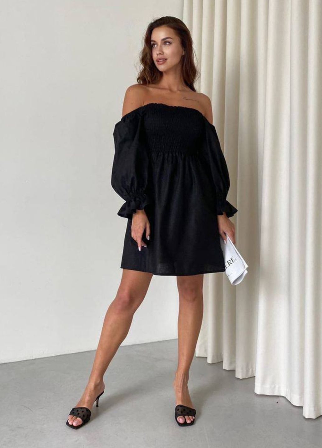 Чорна повсякденний жіноча сукня з льону з рукавами-ліхтариками а-силует Tik-Tak однотонна