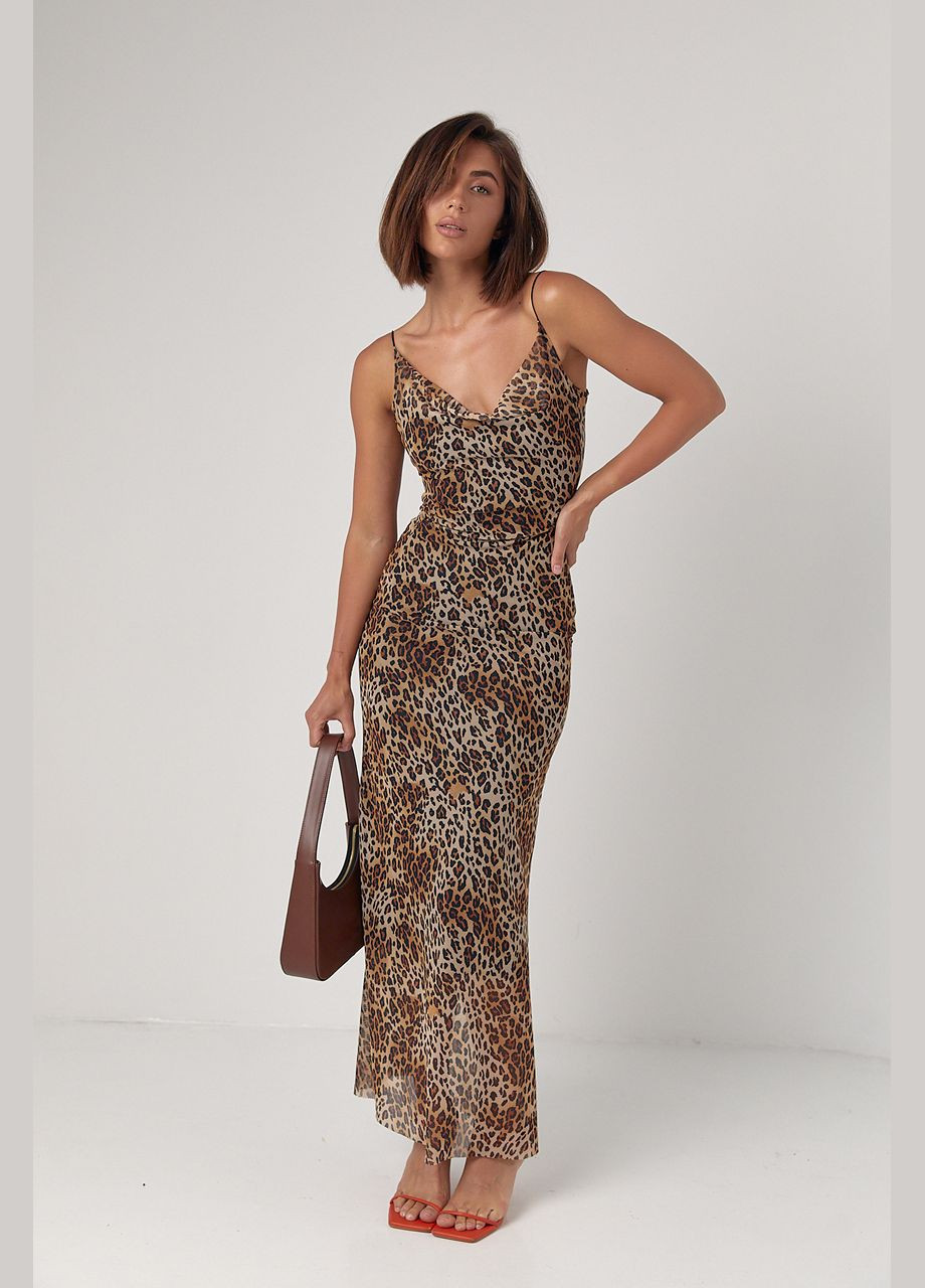 Коричневое повседневный леопардовый сарафан на бретелях с обнаженной спиной коричневый цвет s с открытыми плечами No Brand леопардовый