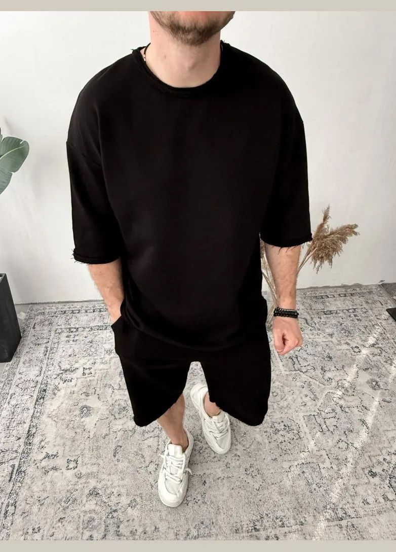 Мужской модный черный однотонный летний спортивный костюм-двойка No Brand (370956086)