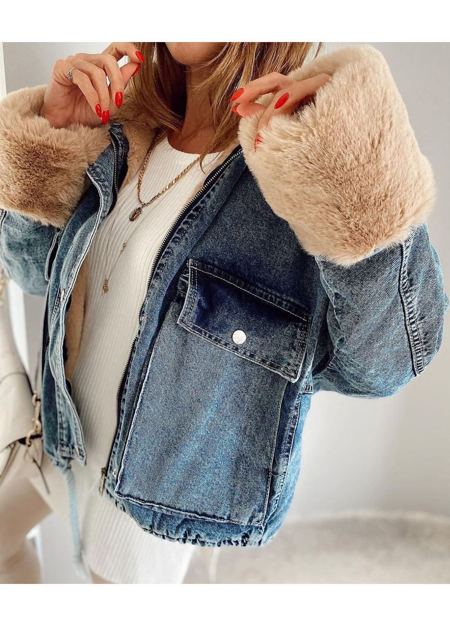 Темно-синя зимня куртка чоловіча джинсова з хутром No Brand