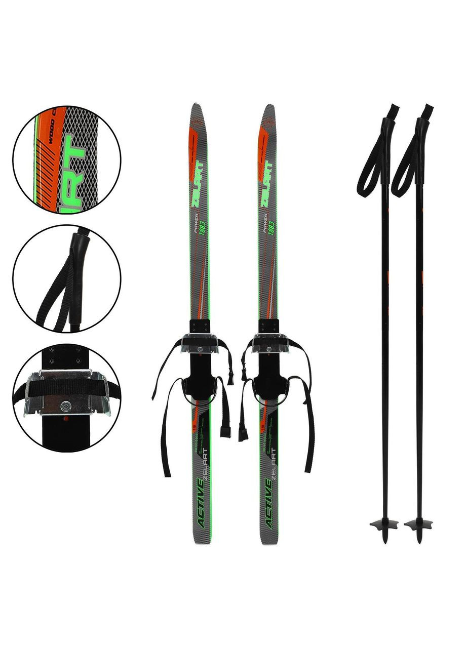 Лыжи беговые детские в комплекте с палками (l-лыж-110см, l-палки-90см, PVC чехол, крепеж регулируемый, Черно-салатовый) Zelart (361437260)