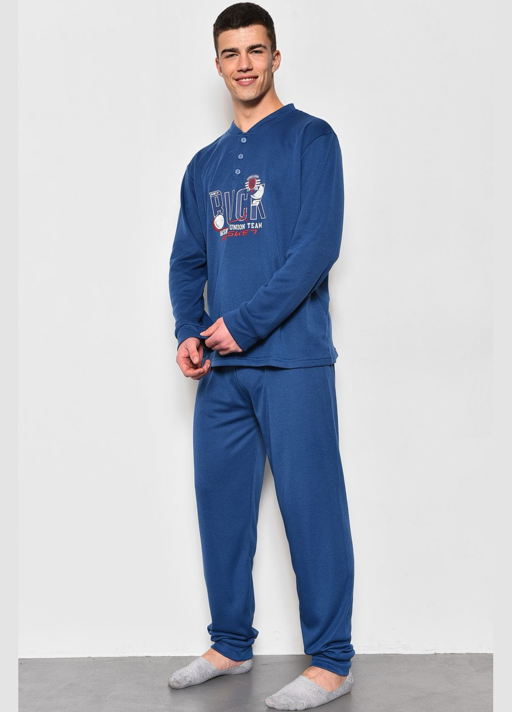 Пижама мужская на флисе полубатальная синего цвета Let's Shop (280199057)