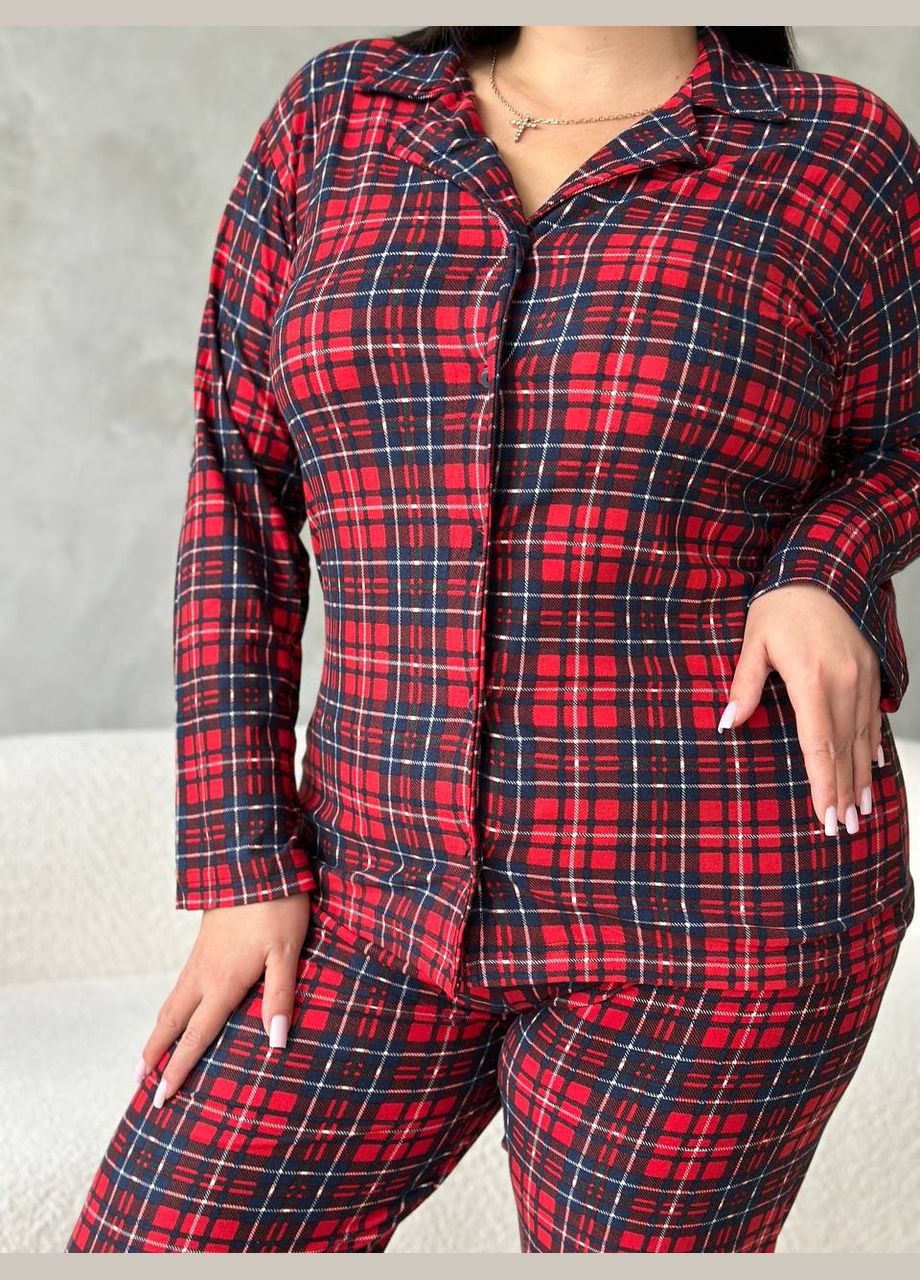 Червона всесезон м'яка піжама в клітинку сорочка + брюки No Brand