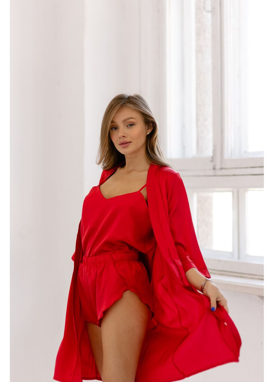 Червоний жіночий шовковий комплект халат шорти та майка l-xl червоний No Brand