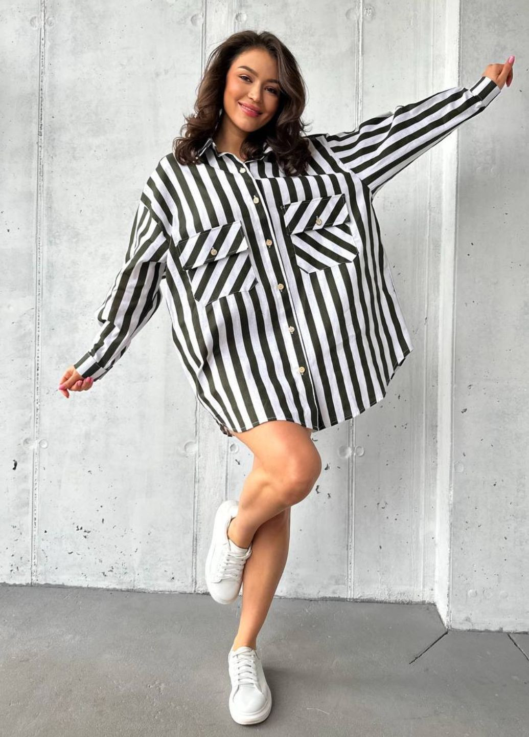 Оливковое (хаки) повседневный платье-рубашка оверсайз с длинным рукавом рубашка Tik-Tak в полоску