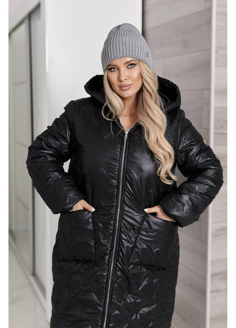 Черное демисезонное Зимнее стеганное пальто -20° из плащевки лакое • ультратеплое и стильное • ЗАМЕРЫ В ОПИСАНИИ Vione