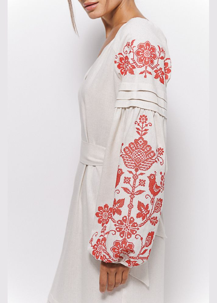 Бежевая довга сукня-вишиванка бежева з червоним деревом життя хрестиком Arjen лен (300591962)