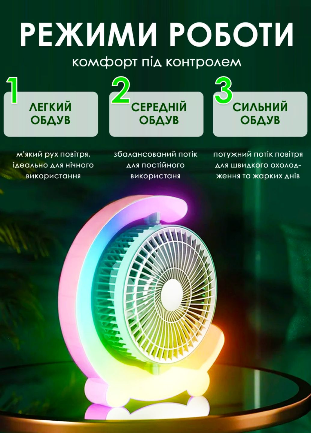 Безшумний настільний вентилятор з кольоровим RGB підсвічуванням Tik-Tak (362297941)