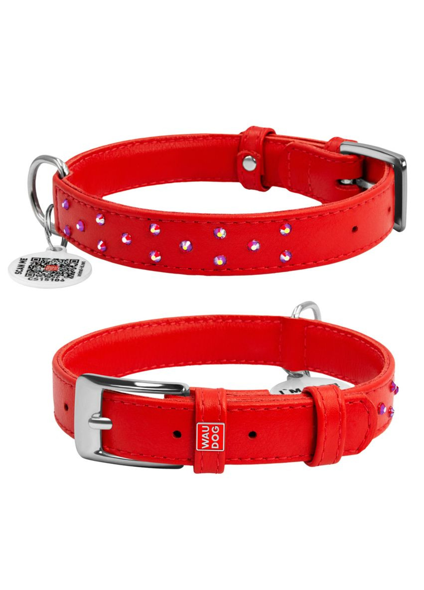 Нашийник для собак шкіряний Glamour з клейовими стразами Ш 20 мм Д 30-39 см червоний WAUDOG (279568027)