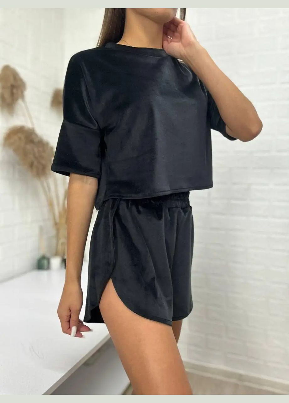 Черная всесезон женская пижама "футбока шорты", велюр на хлопковой основе (плюш), цвет черный т.м. lekol No Brand