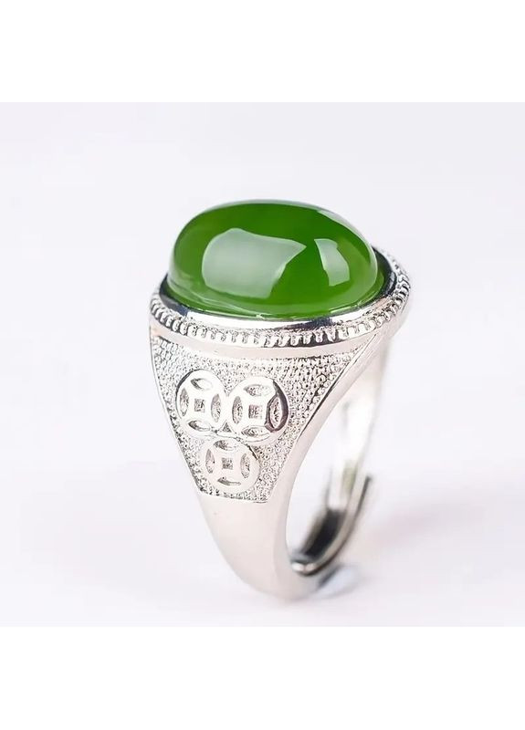 Мужское богемное кольцо серебристое с зеленым кубическим цирконием и китайскими знаками богатства регулируемое AurumLux299 Fashion Jewelry (365777341)