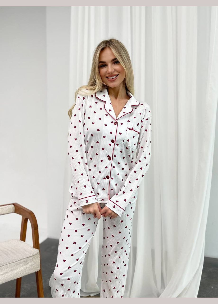 Біла всесезон ніжна піжамка серденько сорочка + брюки Vakko