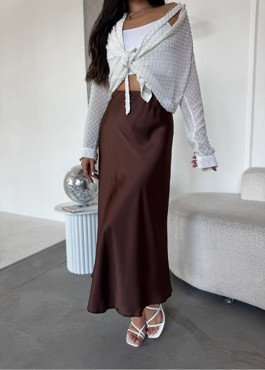 Коричневая праздничный, коктейльный, повседневная, вечерний, офисная, кэжуал однотонная женская шелковая юбка No Brand клешированная