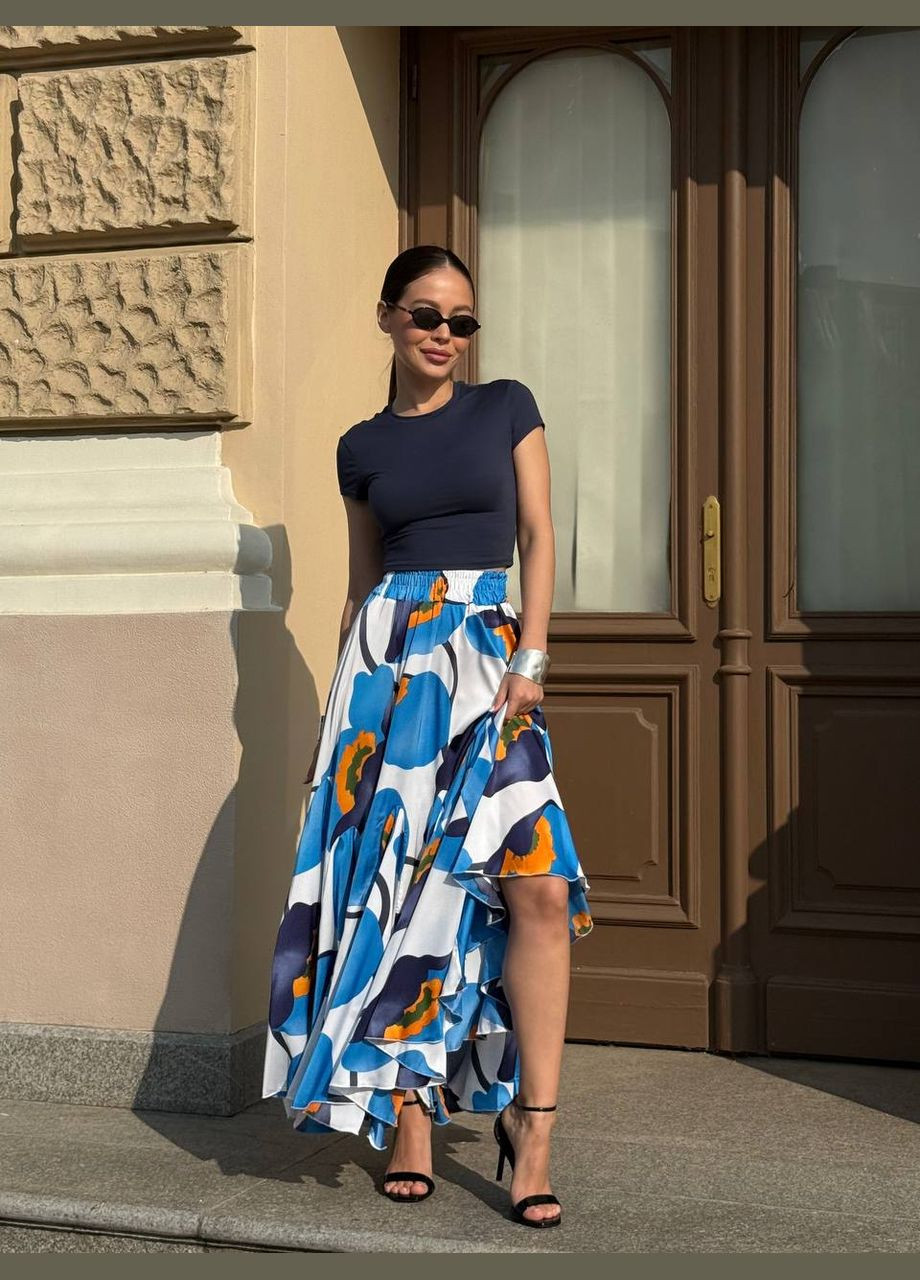 Голубая повседневная цветочной расцветки женская юбка FINO Mode клешированная