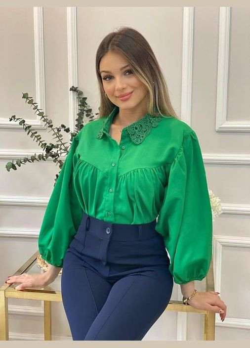 Зелена жіноча сорочка вишиванка бавовняна зелена з мереживом на комірці You Best (328561064)