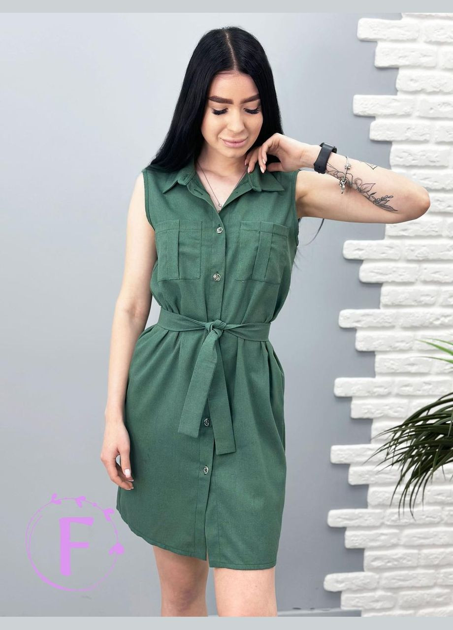 Смарагдова льняна сукня-сорочка без рукавів Fashion Girl