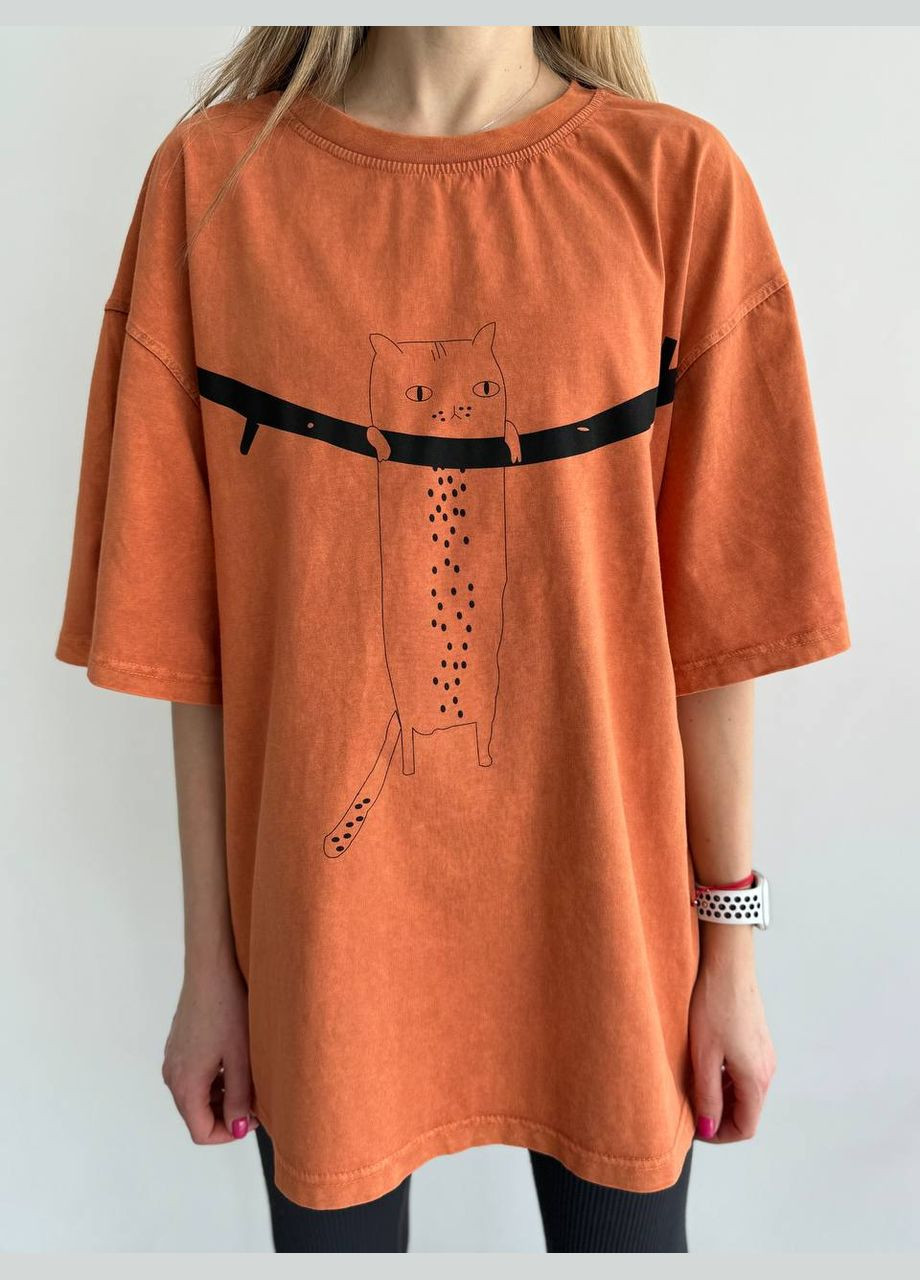 Красивая однотонная оранжевая oversize футболка, качественная турецкая футболка с принтом котика на груди No Brand 24292-1 - (293244752)