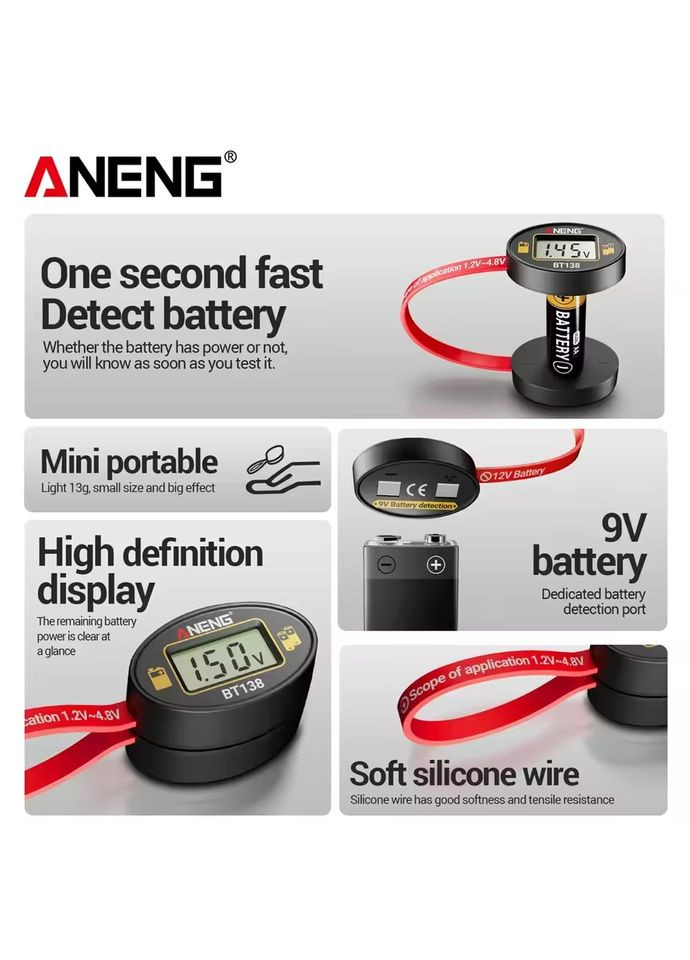Портативный тестер батареек BT138 с цифровым дисплеем для AA/AAA/C/D/9V и литиевых элементов Aneng (368697842)