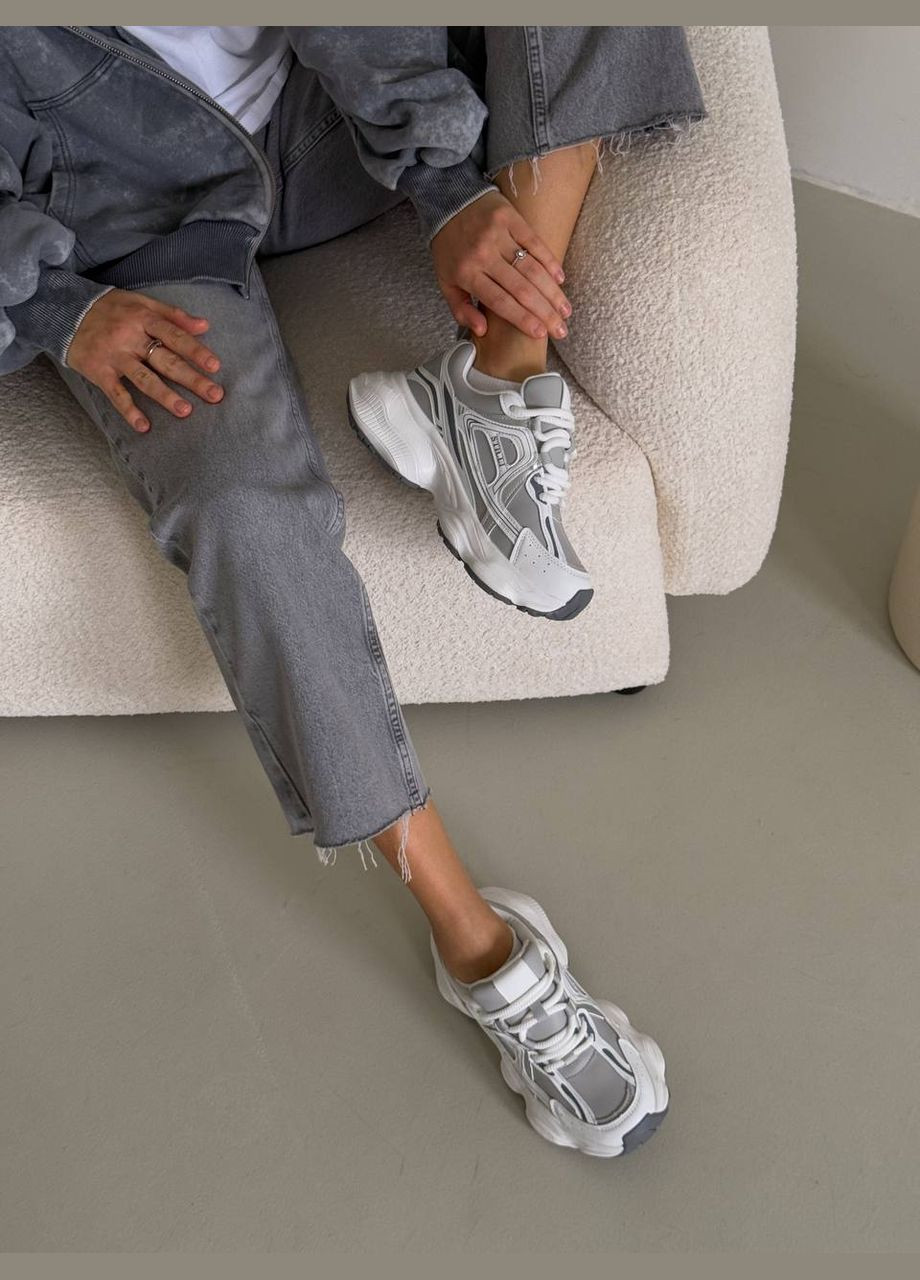 Жіночі стильні кросівки біло сірі натуральна шкіра/замш No Brand білі демісезони (317349622)