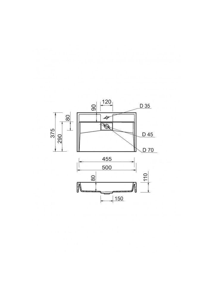 Умивальник 500х380мм, з отвором для змішувача/переливу, прямокутний VISION Білий (35670500380) Adamant (373006133)