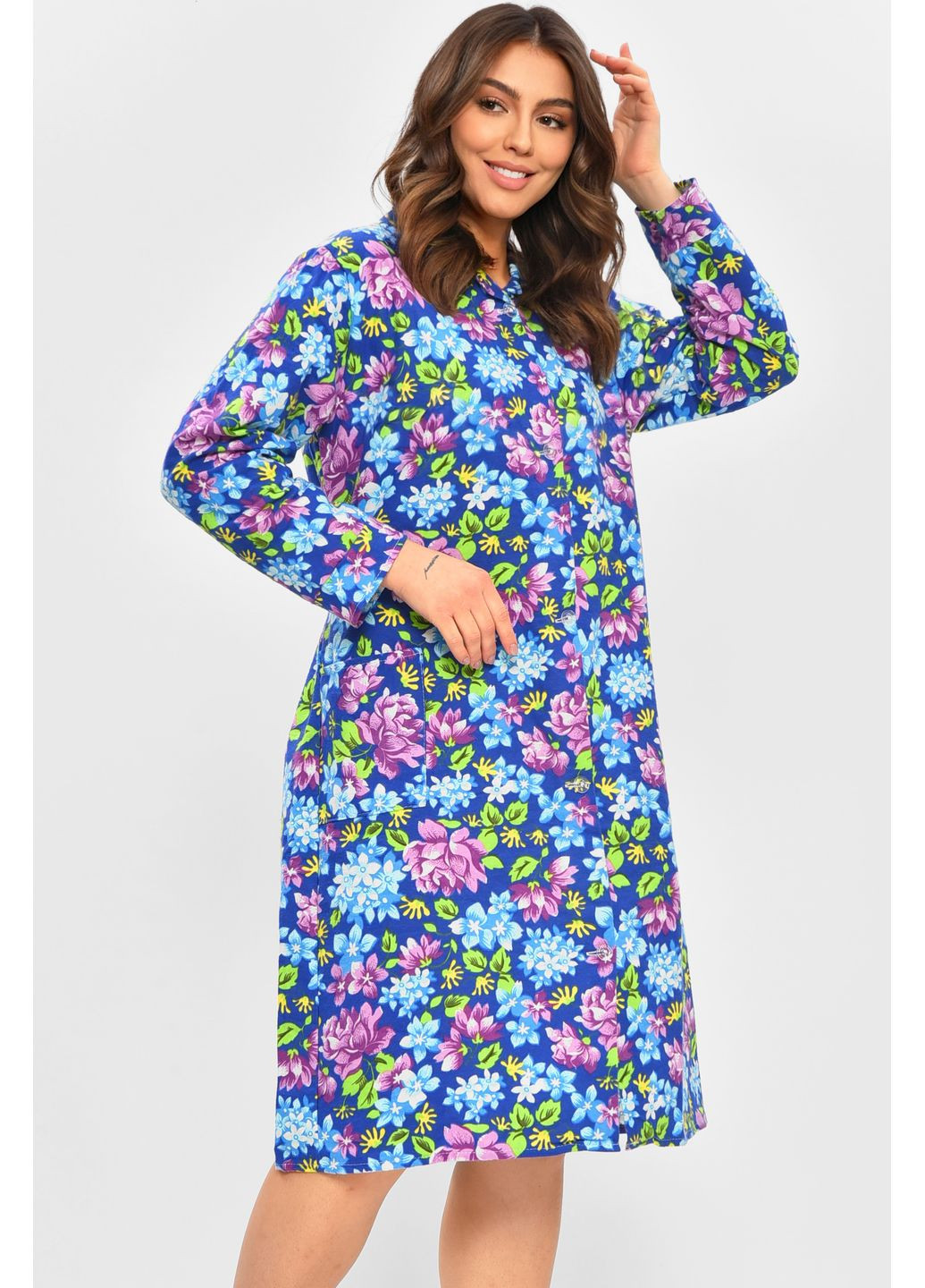 Халат женский байковый батальный синего цвета с цветочным принтом Let's Shop (364846382)