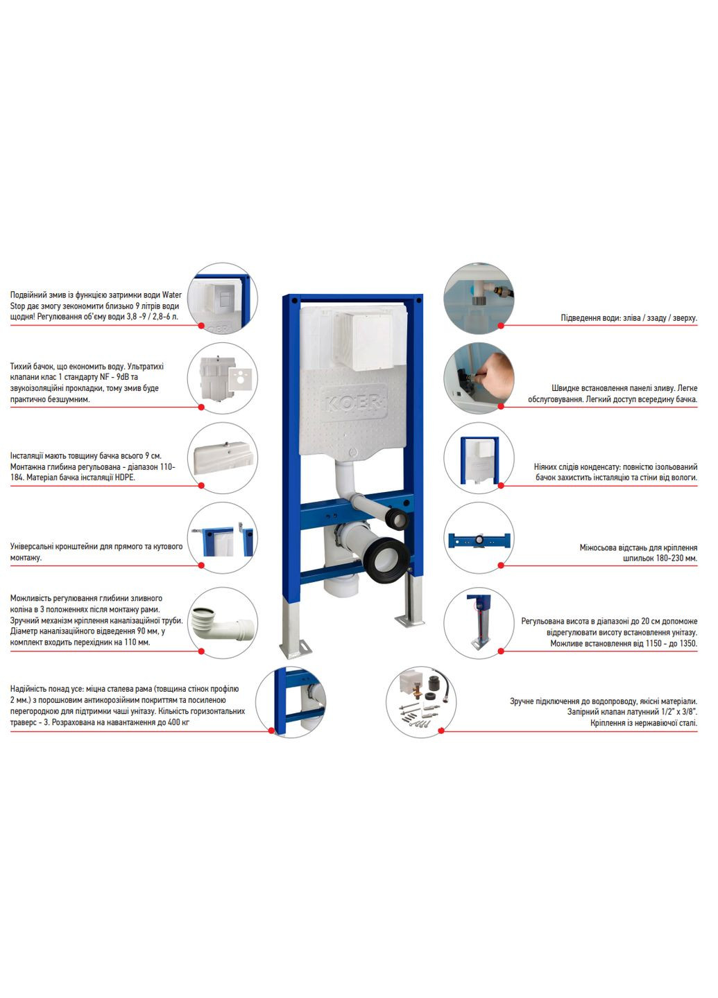 Инсталляция для подвесного унитаза KT-0407 500x126x1150mm, без панели смыва (KR5341) KOER (322513142)