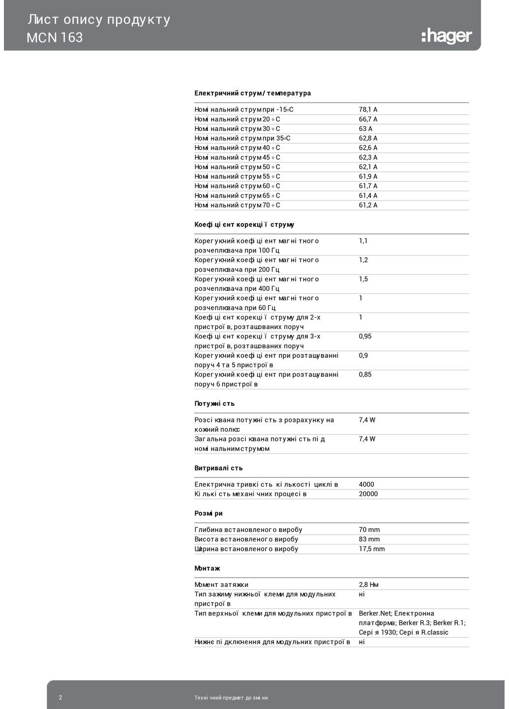 Вводный автомат 63А однополюсный автоматический выключатель MCN163 1P 6kA C-63A 1M (3145) Hager (306737974)