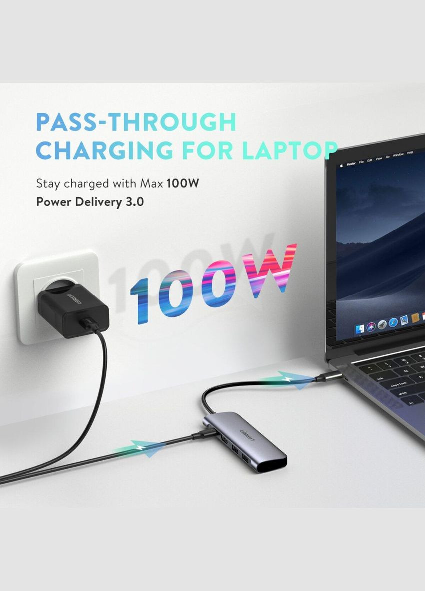 USB-хаб USB-C to 2 Ports USB3.0-A Hub + HDMI + TF/SD with PD Power Supply (Space Gray) Ugreen (335807990)