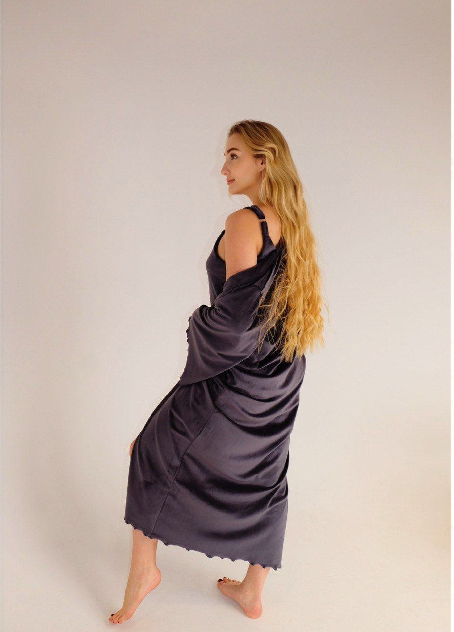 Велюровий домашній комплект 2в1 (Нічна сорочка та довгий халат ) Сірий No Brand 2 в 1 (317640906)