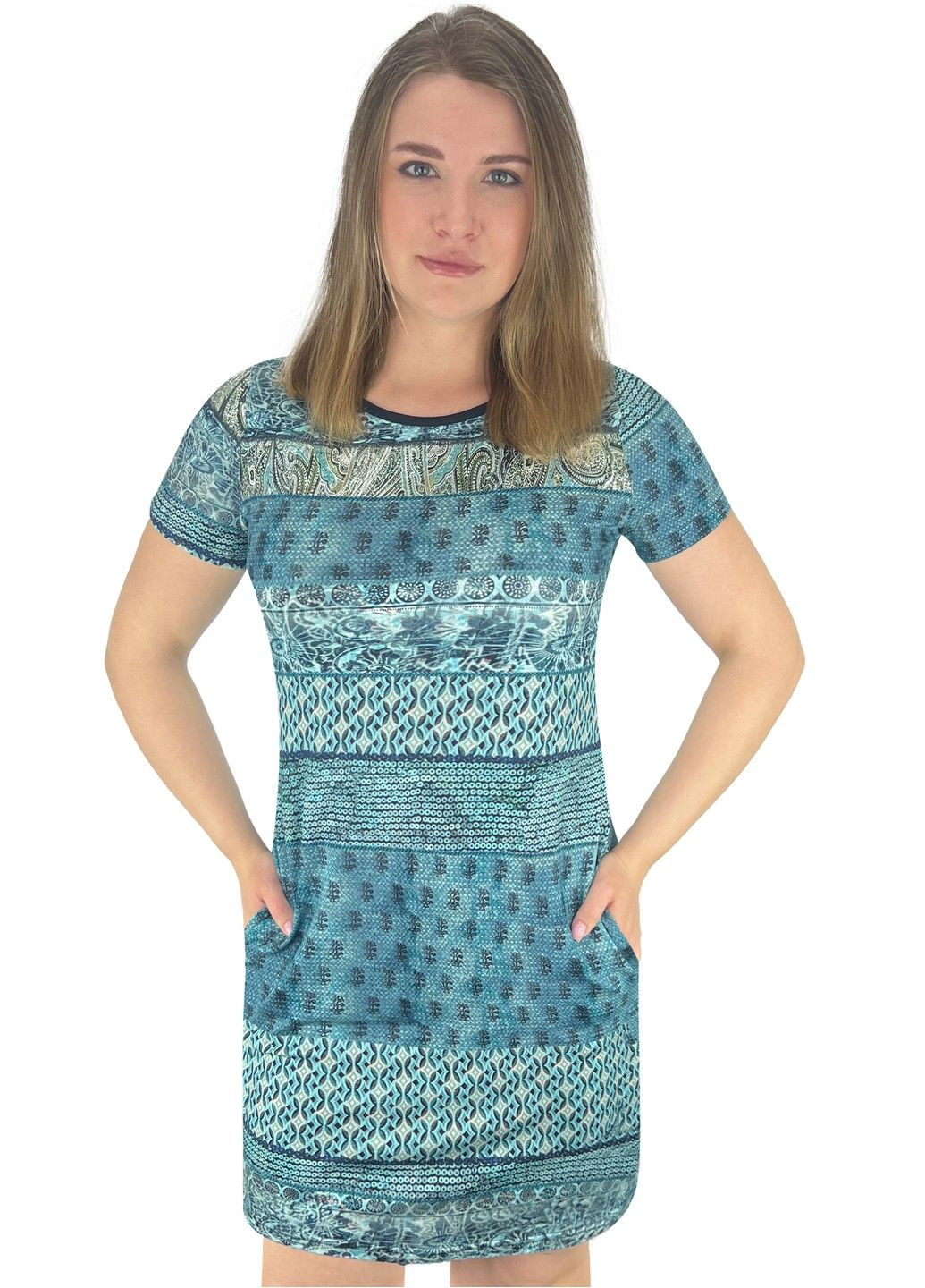 Бірюзова повсякденний, домашній сукня жіноча з кишенями віскоза абстракція Жемчужина стилей з абстрактним візерунком