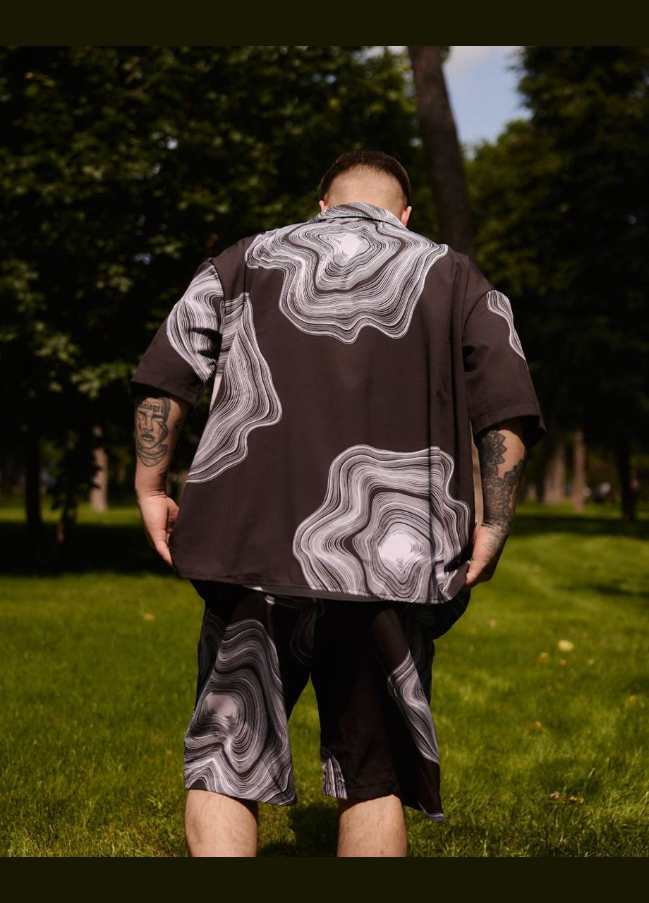 Чорно-білий літній трендовий літній костюм з принтом з шортами, з сорочкою No Brand