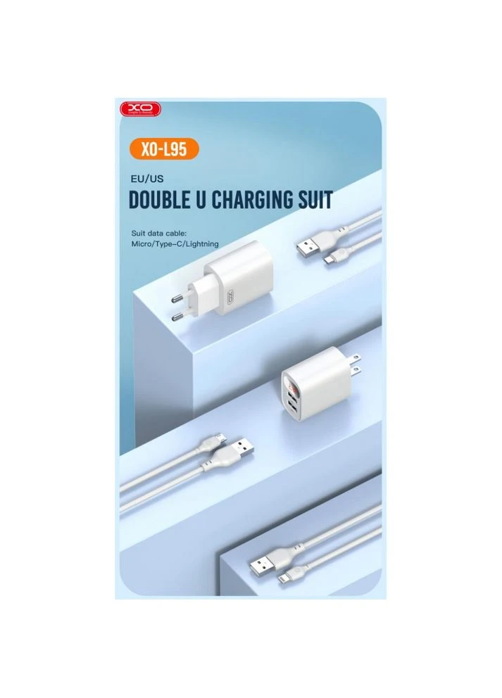 Мережевий зарядний пристрій + кабель Micro-USB L95 |2USB, 2.4A, Digital Display| Білий XO (337350964)