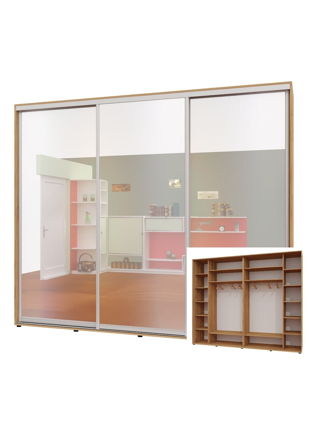 Шафа-купе тридверна 300*60*220 см Дуб крафт золотий 3 двері Дзеркало Люкс-147 Алекса (360442134)