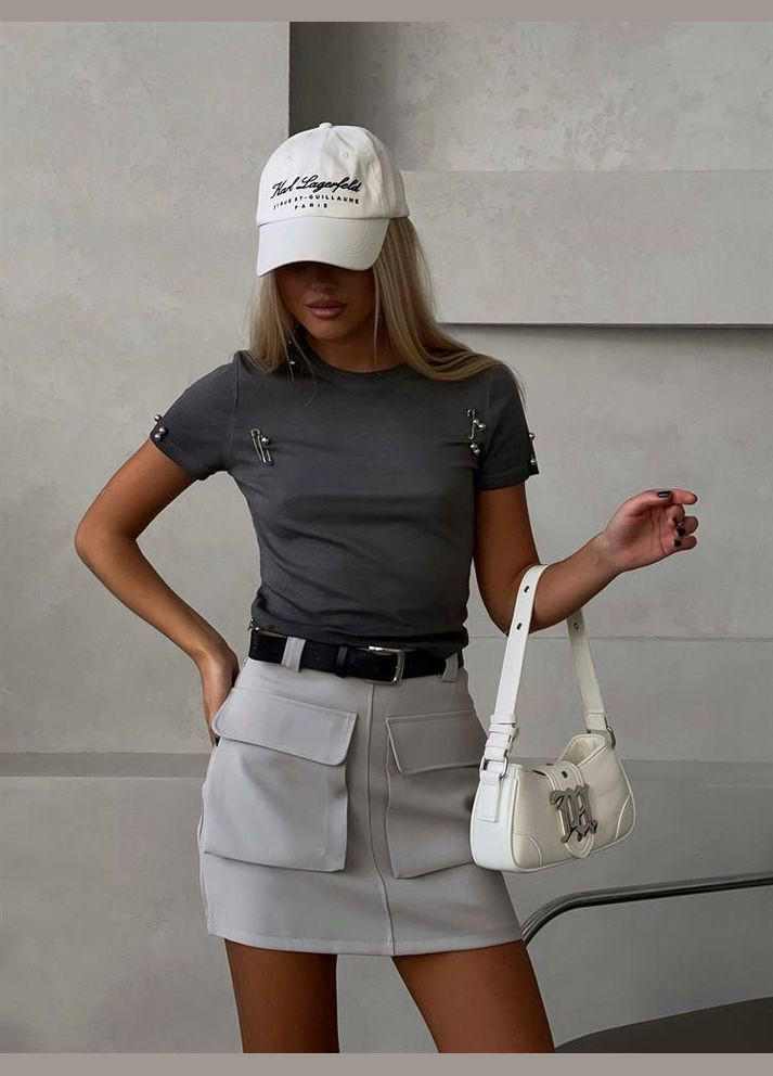 Серая повседневная юбка мини с высокой посадкой и накладными карманами MonCher