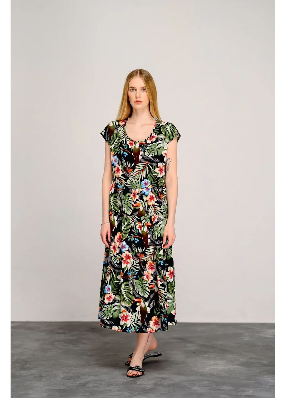 Черное платье вискоза длинное принт цветы 44 черное Azuri